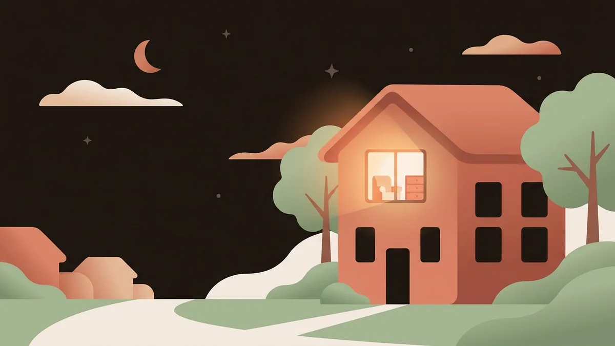 A house at four in the morning, dark except for one warm lit upstairs window