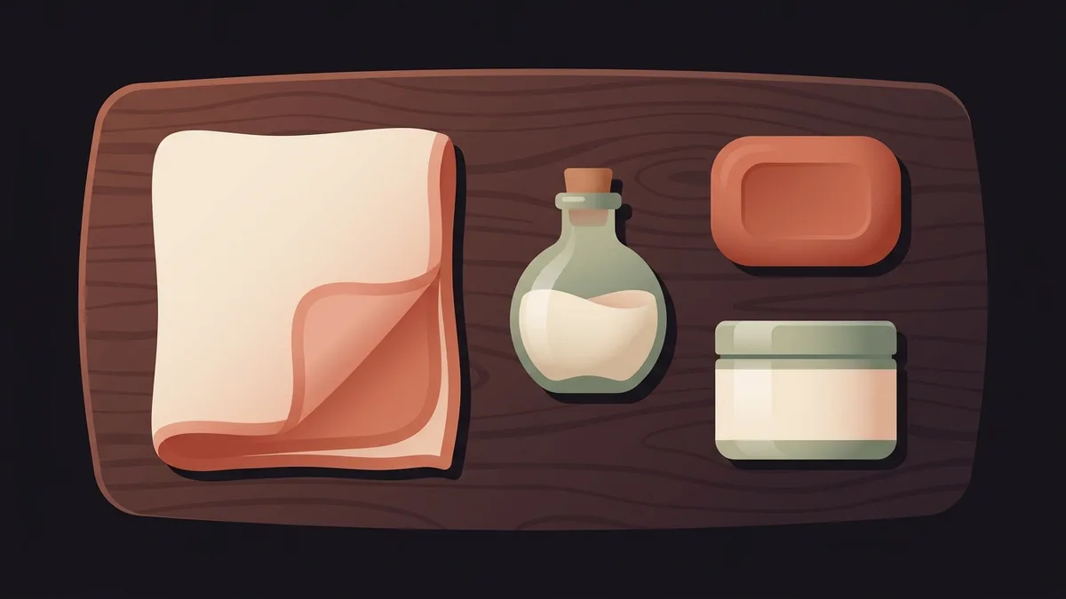 An overhead arrangement of a muslin, a small bottle, a bar of soap and a tub of cream on a dark wooden surface