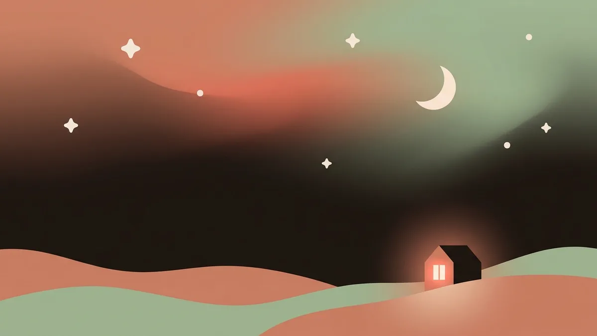 A calm night sky in warm dusk colours over low rolling hills, with a single lit window on the horizon
