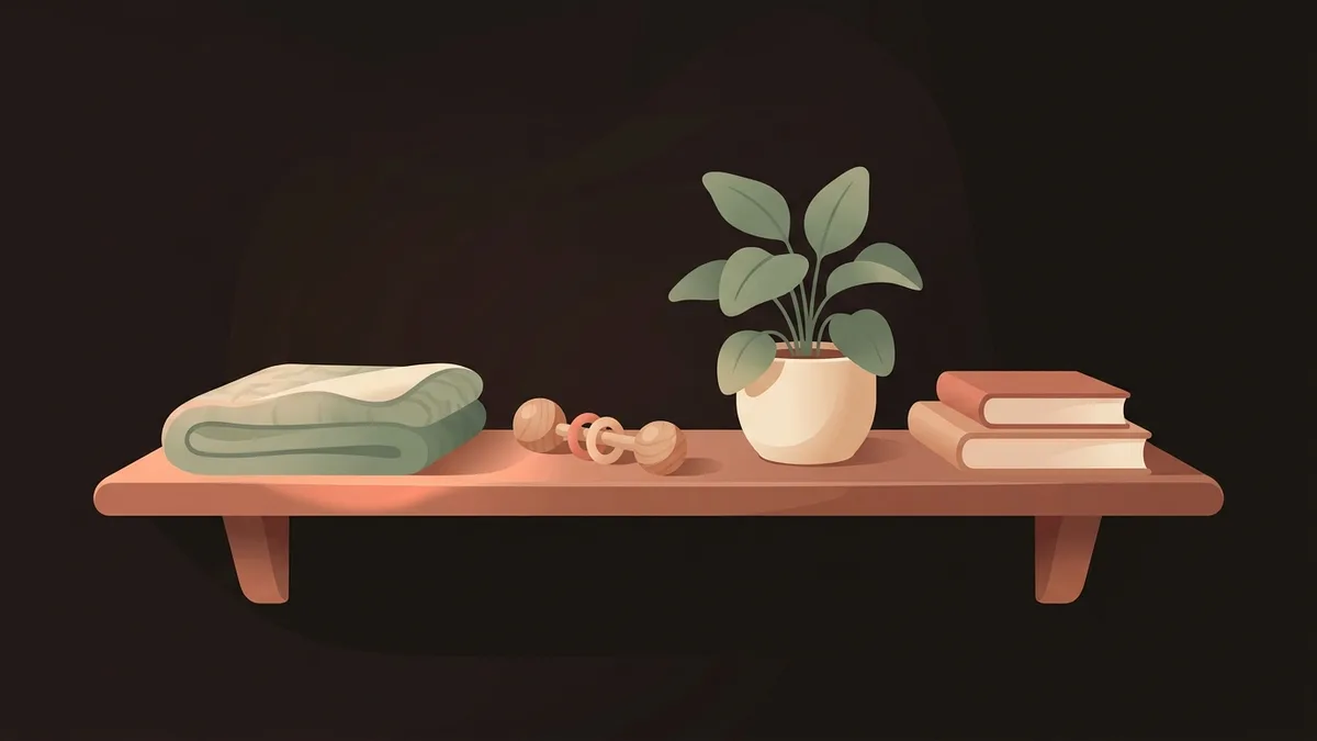 A wooden shelf in soft morning light holding a folded blanket, a wooden rattle, a plant and two books