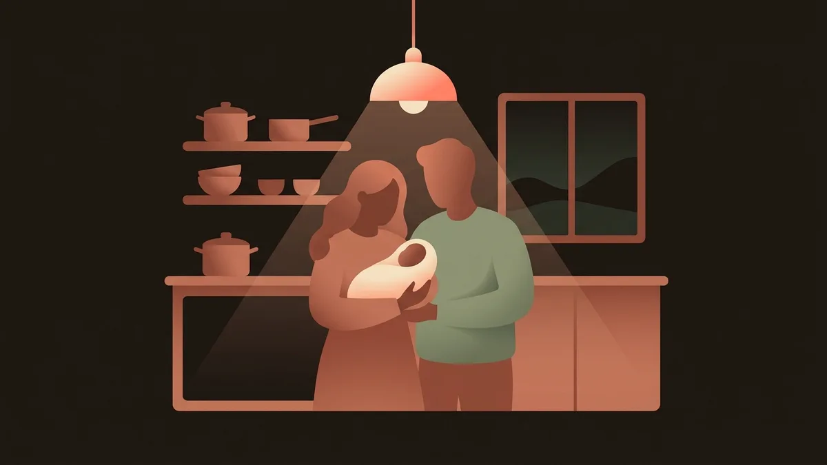 Two faceless silhouettes in a dim kitchen at night, one holding a small wrapped bundle