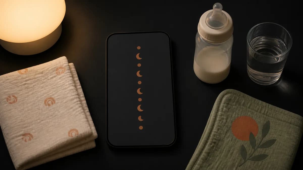 Ein Elternteil füttert ein Baby neben einer warmen Lampe, während der andere die nächtliche Mahlzeit auf einem Handy festhält
