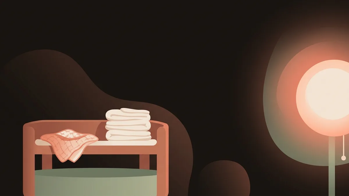 A stack of folded nappies and a muslin on a changing table in warm lamp light