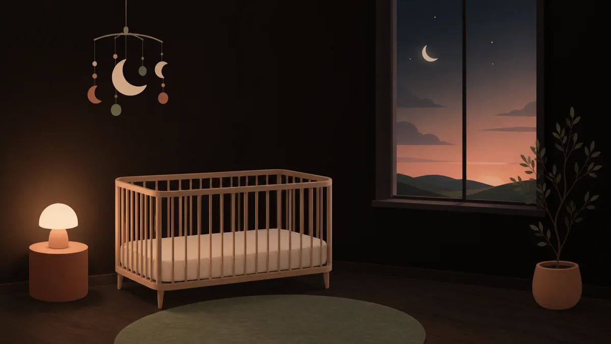 Ein leeres Kinderbett mit fester Matratze in einem dunklen Kinderzimmer, während draußen die Morgendämmerung beginnt