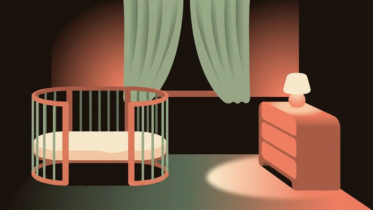 A dark nursery at night with an empty cot and a bare mattress, lit by one small warm lamp