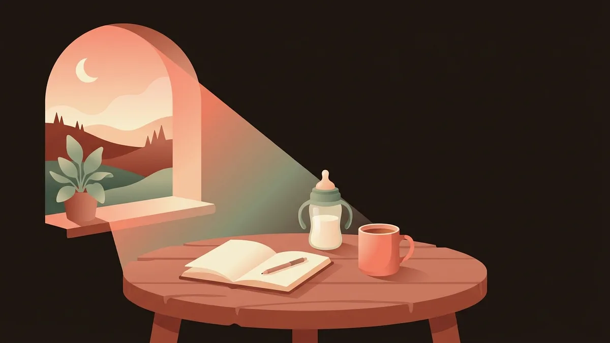 A kitchen table at dawn with an open notebook, a pen, a baby bottle and a mug of tea