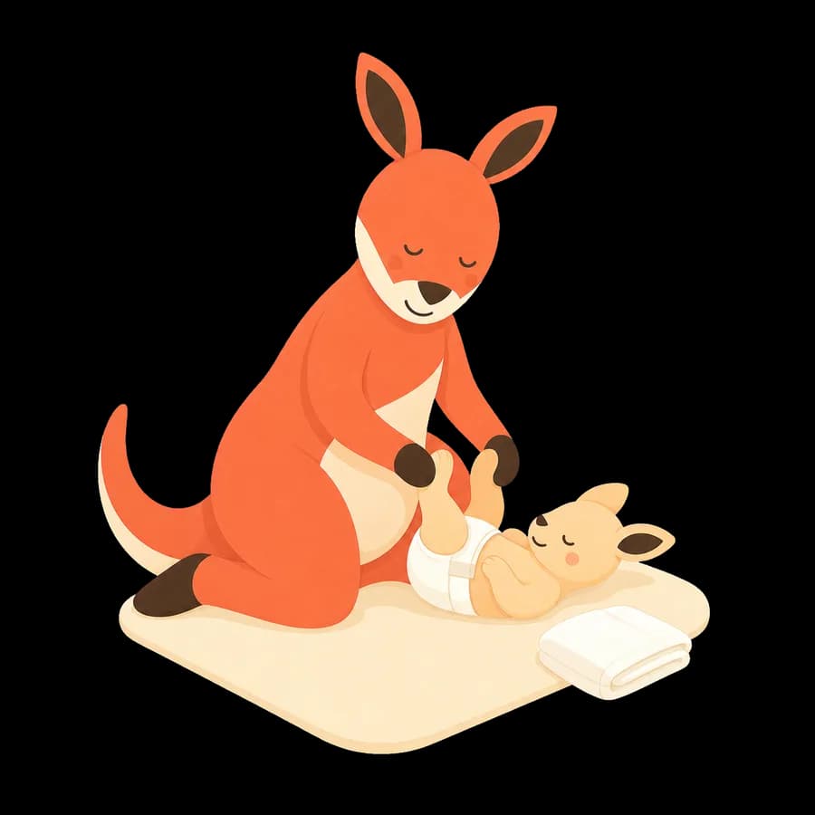 Buma the kangaroo kneeling over a joey on a changing mat
