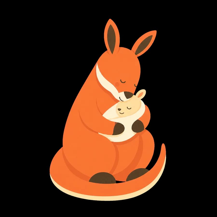 Buma the kangaroo curled up holding a sleeping joey