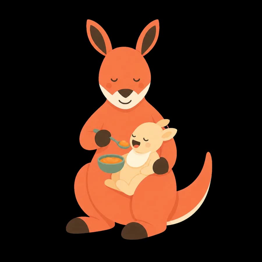 Buma the kangaroo with a bowl and spoon, her joey in her lap