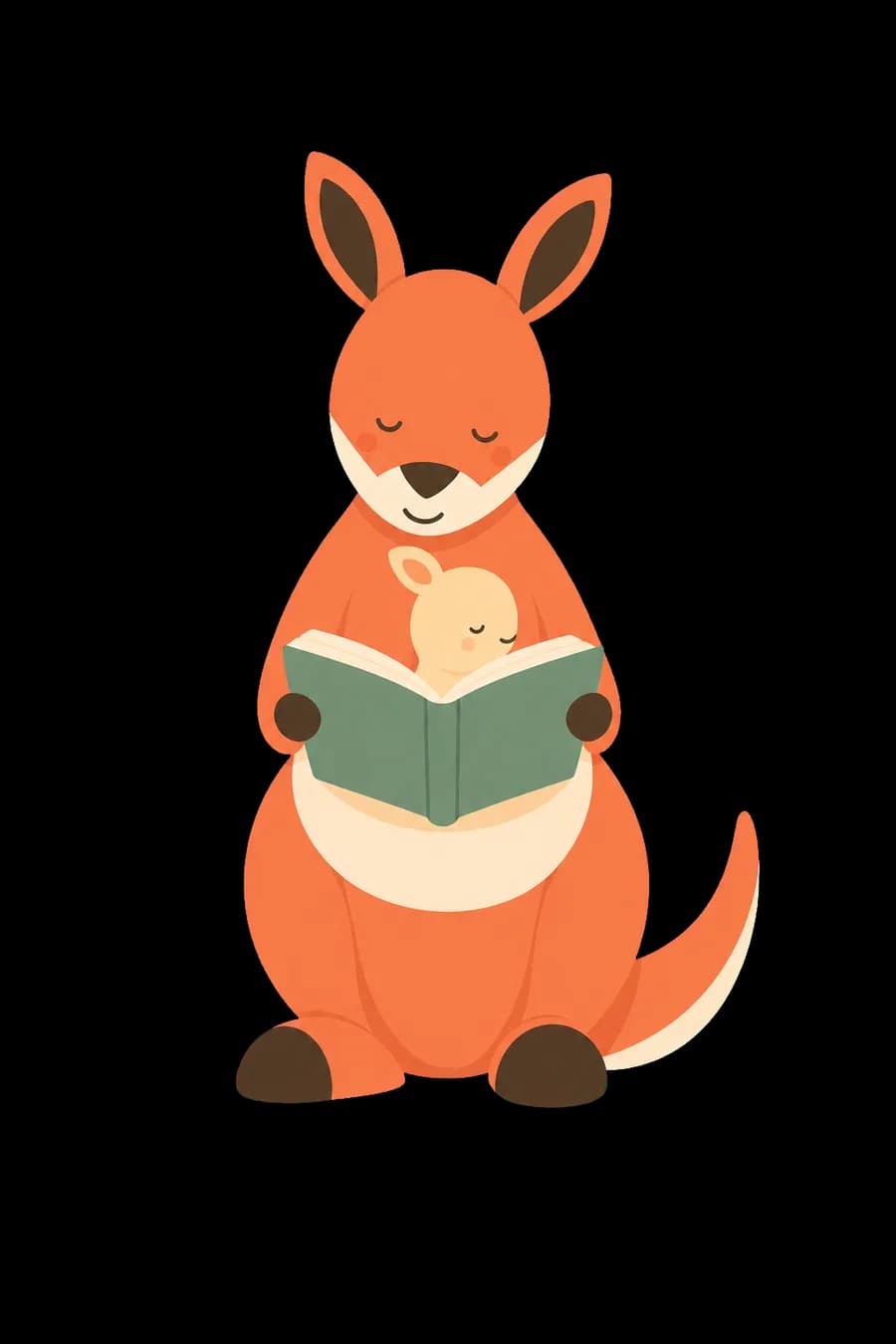 Buma the kangaroo sitting with a book, her joey peeking out of her pouch