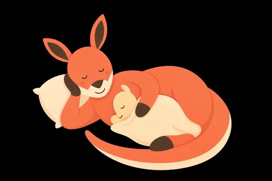 Buma the kangaroo lying down beside a sleeping joey