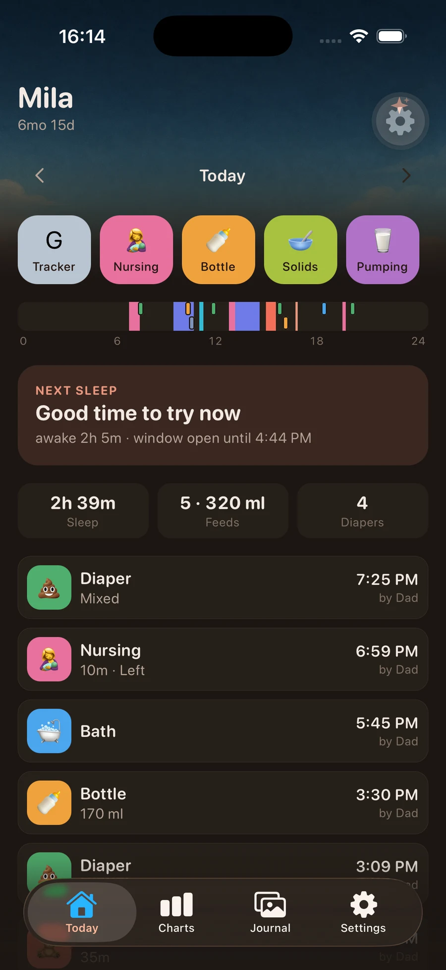 Buma's home screen: a day strip of colour-coded blocks, a next-sleep card reading "Good time to try now", totals for sleep, feeds and nappies, and a timeline of the day's entries