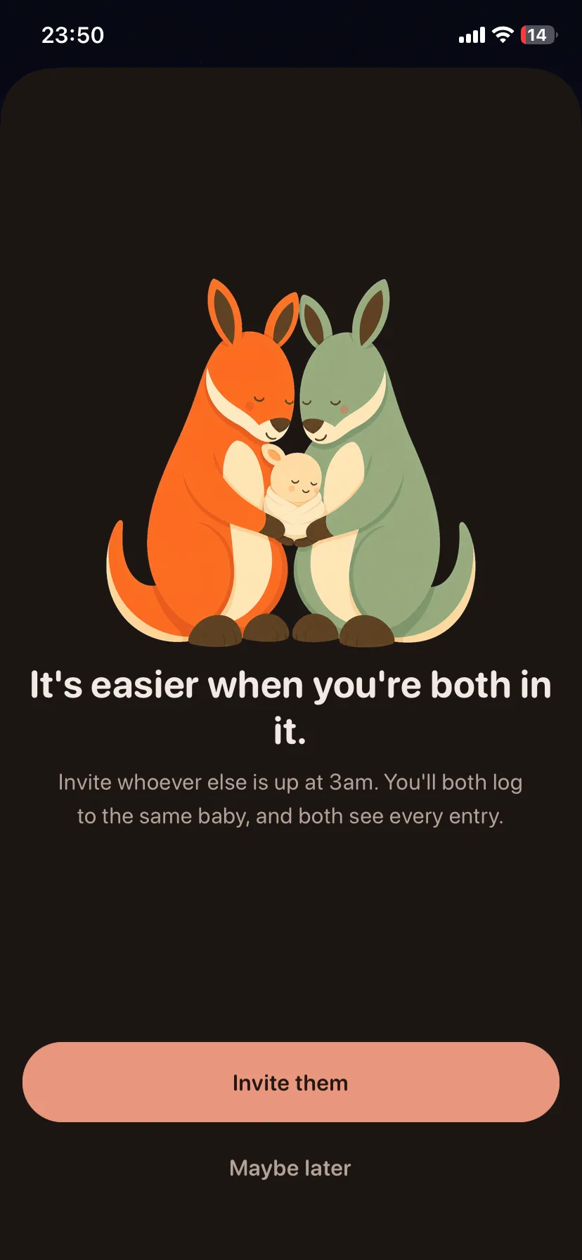 Buma's invite screen: two kangaroos holding a joey between them, under the words "It's easier when you're both in it" and a button reading "Invite them"