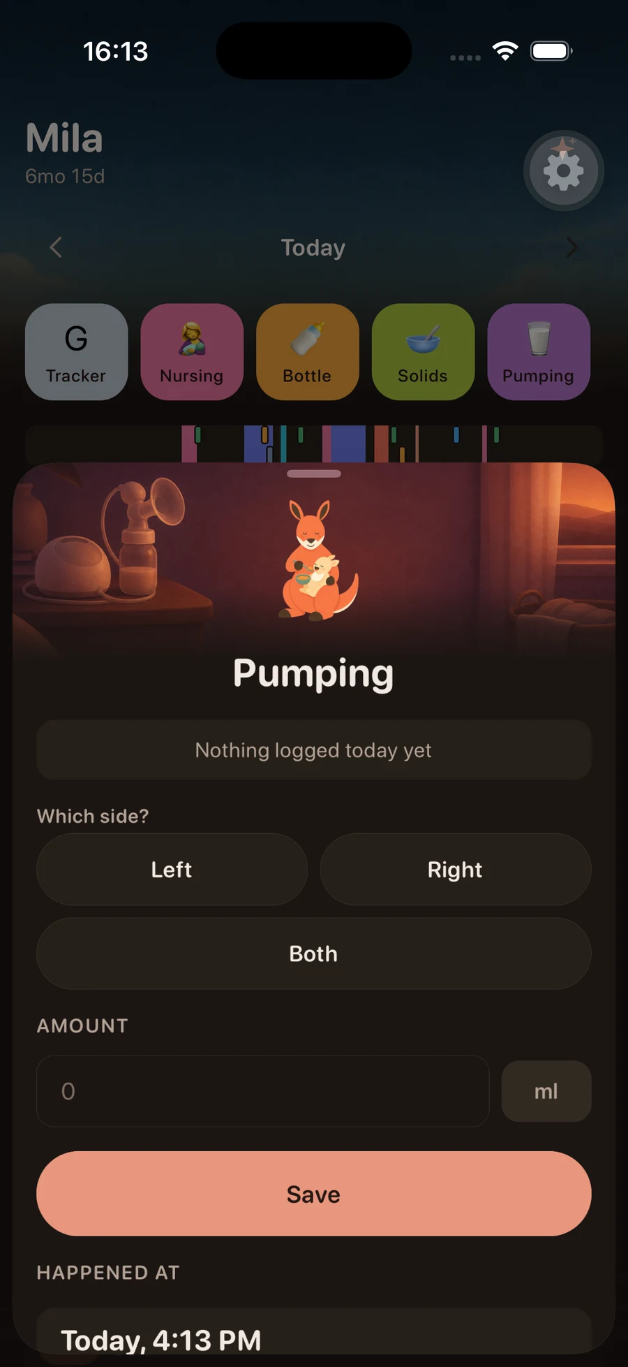 Buma's pumping log sheet: an illustrated header, a which-side choice of left, right or both, an amount field in millilitres, and a Save button